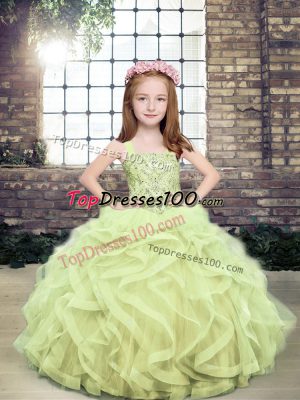 Yellow Green Tulle Lace Up Pageant Gowns For Girls Sleeveless Floor Length Beading and Ruffles
