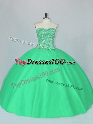 Enchanting Green Ball Gowns Sweetheart Sleeveless Tulle Floor Length Lace Up Beading Quinceanera Dress