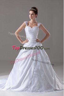 Hot Sale Ball Gowns Sleeveless White Wedding Dress Brush Train Lace Up