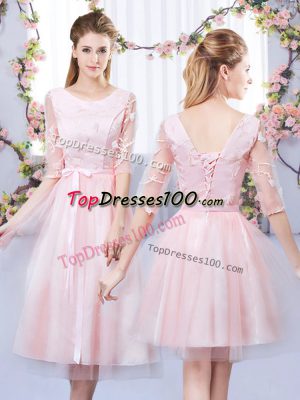 Sexy Baby Pink Empire Scoop Half Sleeves Tulle Tea Length Lace Up Lace and Belt Court Dresses for Sweet 16