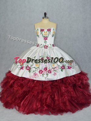 Beautiful White And Red Ball Gowns Embroidery and Ruffles Quinceanera Dresses Lace Up Organza Sleeveless Floor Length