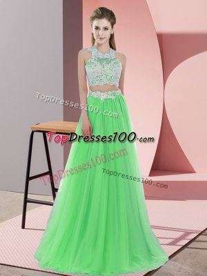 Green Tulle Zipper Halter Top Sleeveless Floor Length Quinceanera Court of Honor Dress Lace