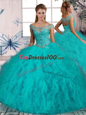 Inexpensive Sleeveless Tulle Brush Train Lace Up Sweet 16 Dress in Aqua Blue with Beading and Ruffles
