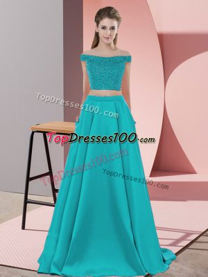 Teal Backless Prom Party Dress Beading Sleeveless Sweep Train