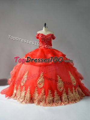 Dramatic Off The Shoulder Sleeveless Organza Quinceanera Dress Appliques and Hand Made Flower Court Train Lace Up