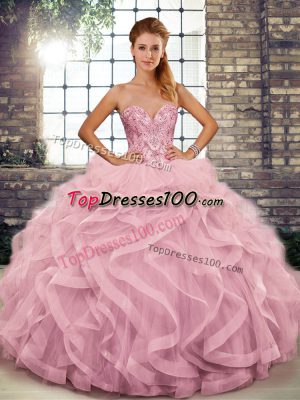 Attractive Pink Sweetheart Neckline Beading and Ruffles 15th Birthday Dress Sleeveless Lace Up