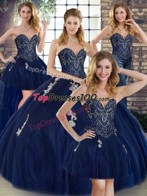 Luxury Navy Blue Sweet 16 Dresses Military Ball and Sweet 16 and Quinceanera with Beading and Appliques Sweetheart Sleeveless Lace Up