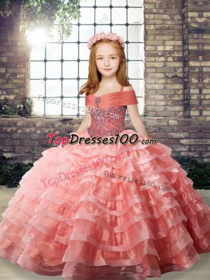 New Arrival Watermelon Red Straps Lace Up Beading and Ruffled Layers Pageant Gowns For Girls Brush Train Sleeveless