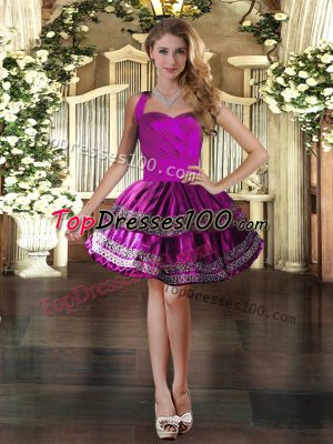 Sleeveless Taffeta Mini Length Lace Up Pageant Dress for Womens in Fuchsia with Embroidery