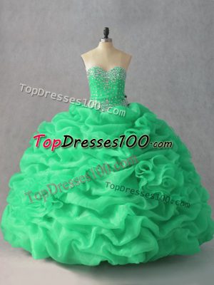Clearance Green Ball Gowns Beading and Pick Ups and Hand Made Flower Sweet 16 Dress Lace Up Organza Sleeveless Floor Length