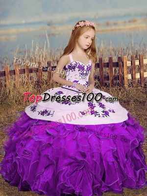 New Style Purple Straps Neckline Embroidery Girls Pageant Dresses Sleeveless Lace Up