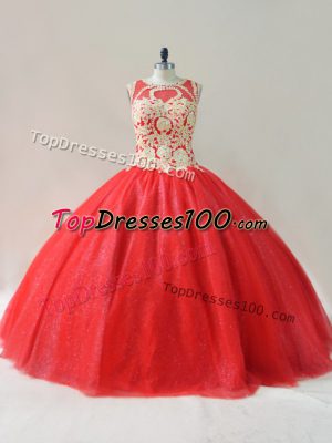 Red Sleeveless Floor Length Beading Lace Up Quinceanera Gown