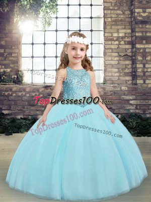 Classical Aqua Blue Scoop Neckline Beading and Appliques Girls Pageant Dresses Sleeveless Lace Up
