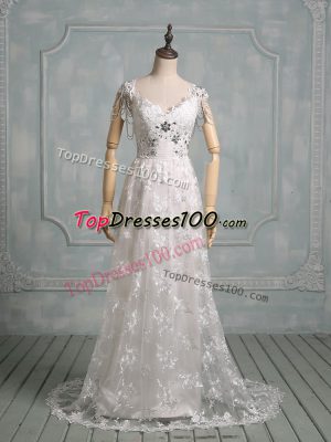 White Wedding Dress Wedding Party with Beading and Lace V-neck Cap Sleeves Brush Train Side Zipper