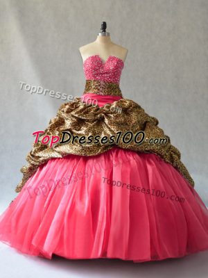 Coral Red Ball Gowns Beading and Pick Ups Quinceanera Gown Lace Up Organza Sleeveless Floor Length