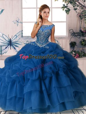 Royal Blue Quince Ball Gowns Organza Brush Train Sleeveless Beading and Pick Ups