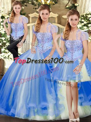 Wonderful Strapless Sleeveless Lace Up Quince Ball Gowns Blue Tulle