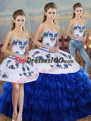 Elegant Royal Blue Sleeveless Floor Length Embroidery and Ruffled Layers and Bowknot Lace Up Sweet 16 Dresses
