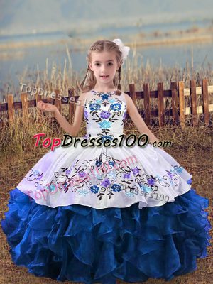 New Arrival Blue Lace Up Scoop Embroidery and Ruffles Pageant Gowns For Girls Organza Sleeveless