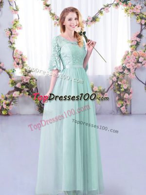 Best Light Blue Side Zipper Scoop Lace and Belt Bridesmaid Dresses Tulle Half Sleeves