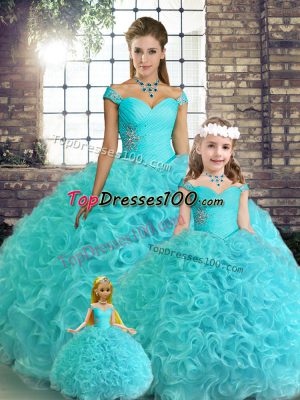 Elegant Off The Shoulder Sleeveless Lace Up 15th Birthday Dress Aqua Blue Fabric With Rolling Flowers