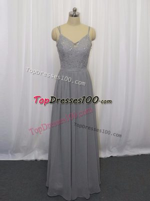 Straps Sleeveless Evening Dress Floor Length Beading and Lace Grey Chiffon