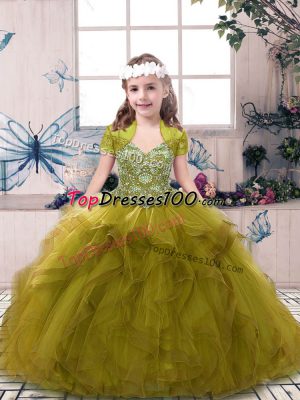 Floor Length Lace Up Girls Pageant Dresses Olive Green for Party and Sweet 16 and Wedding Party with Beading and Ruffles