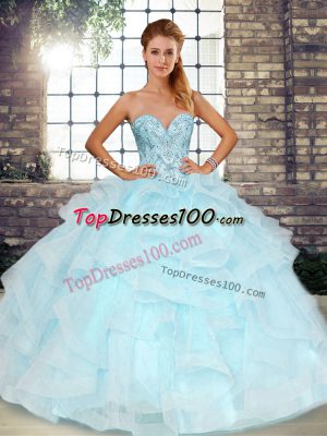 Pretty Light Blue Ball Gowns Tulle Sweetheart Sleeveless Beading and Ruffles Floor Length Lace Up Sweet 16 Dresses