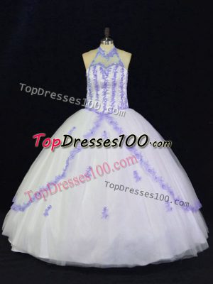 Glamorous Floor Length Ball Gowns Sleeveless White And Purple Quinceanera Gown Lace Up