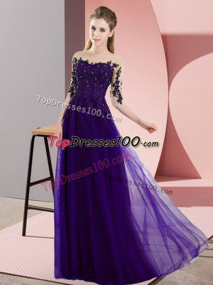 Luxury Purple Lace Up Damas Dress Beading and Lace Half Sleeves Floor Length