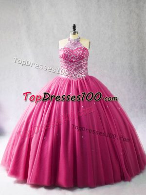 On Sale Lace Up Quince Ball Gowns Hot Pink for Sweet 16 and Quinceanera with Beading Brush Train