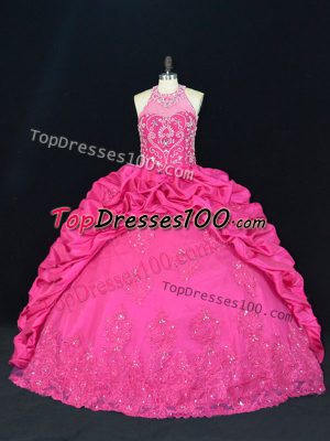 Beading and Appliques and Embroidery and Pick Ups Quinceanera Dress Hot Pink Lace Up Sleeveless