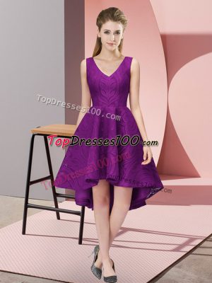 Customized Purple A-line Lace Bridesmaid Dresses Zipper Lace Sleeveless High Low