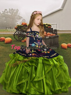 Adorable Olive Green Sleeveless Embroidery and Ruffles Floor Length Little Girl Pageant Dress