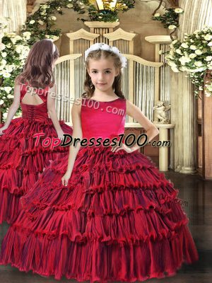 Charming Floor Length Ball Gowns Sleeveless Red Little Girl Pageant Dress Lace Up