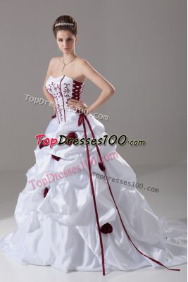 Custom Fit Sweetheart Sleeveless Wedding Gowns Brush Train Embroidery and Pick Ups and Hand Made Flower White Taffeta