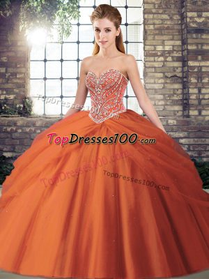 Super Brush Train Ball Gowns Ball Gown Prom Dress Orange Red Sweetheart Tulle Sleeveless Lace Up