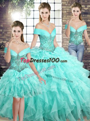 Trendy Aqua Blue Quinceanera Gown Military Ball and Sweet 16 and Quinceanera with Beading and Ruffles Off The Shoulder Sleeveless Brush Train Lace Up