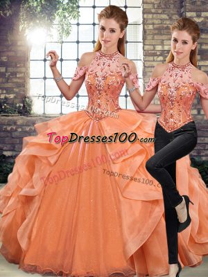 Floor Length Orange Sweet 16 Quinceanera Dress Halter Top Sleeveless Lace Up