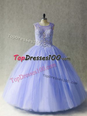 Unique Tulle Scoop Sleeveless Lace Up Beading 15 Quinceanera Dress in Lavender