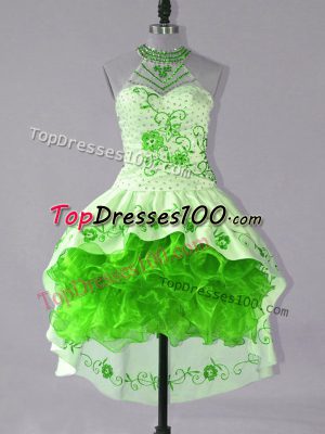 Low Price Green Satin and Organza Lace Up Halter Top Sleeveless High Low Party Dress for Girls Embroidery and Ruffles