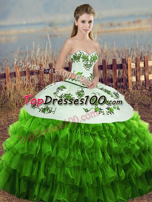 Cheap Sleeveless Lace Up Floor Length Embroidery and Ruffled Layers and Bowknot Quince Ball Gowns