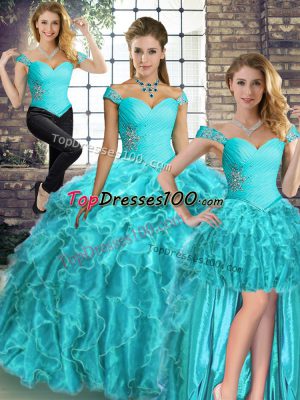 New Style Aqua Blue Three Pieces Organza Off The Shoulder Sleeveless Beading and Ruffles Lace Up Quinceanera Dress Brush Train