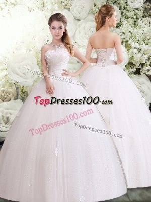 Floor Length White Wedding Dresses Tulle Sleeveless Appliques and Ruching