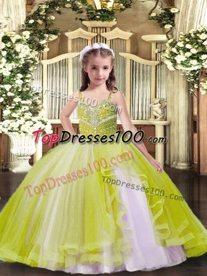 Straps Sleeveless Little Girls Pageant Gowns Floor Length Beading Yellow Green Tulle
