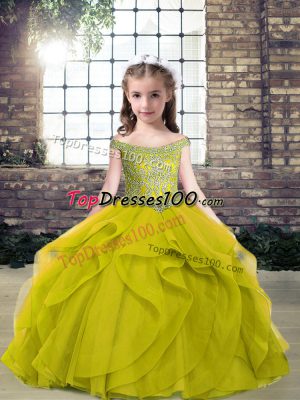 Off The Shoulder Sleeveless Pageant Dress for Teens Floor Length Beading Olive Green Tulle