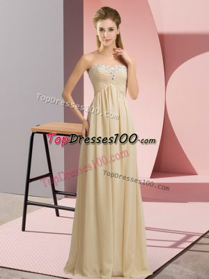 Exquisite Champagne Chiffon Lace Up Evening Dress Sleeveless Floor Length Beading and Ruching