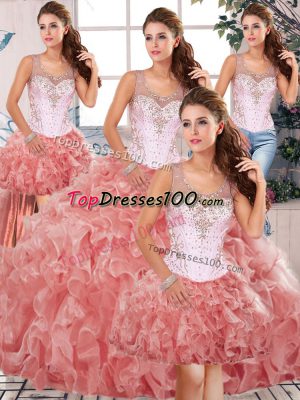 Beauteous Watermelon Red Ball Gowns Beading and Ruffles Quinceanera Gown Clasp Handle Organza Sleeveless Floor Length