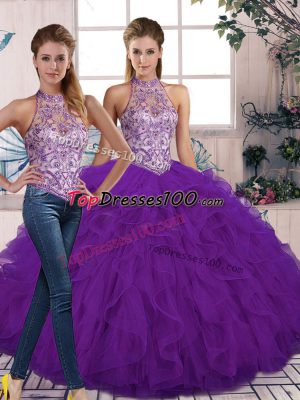 New Style Halter Top Sleeveless Lace Up 15th Birthday Dress Purple Tulle
