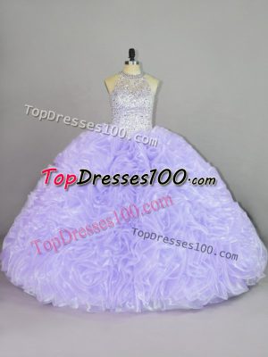 High Class Lavender Ball Gowns Organza Halter Top Sleeveless Beading and Ruffles Lace Up Ball Gown Prom Dress